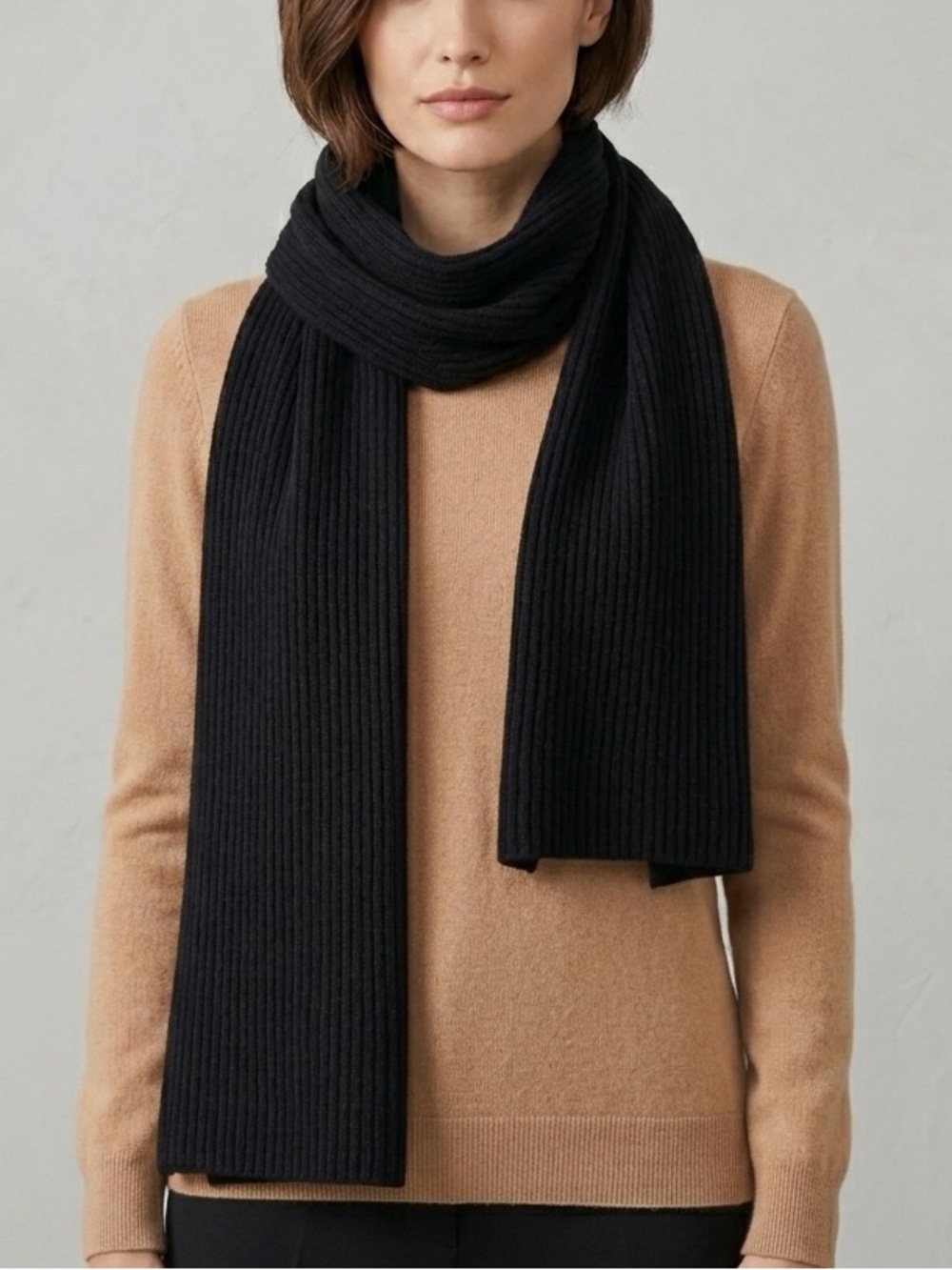 COS 100% Cashmere Black Ribbed Knit Shawl Scarf